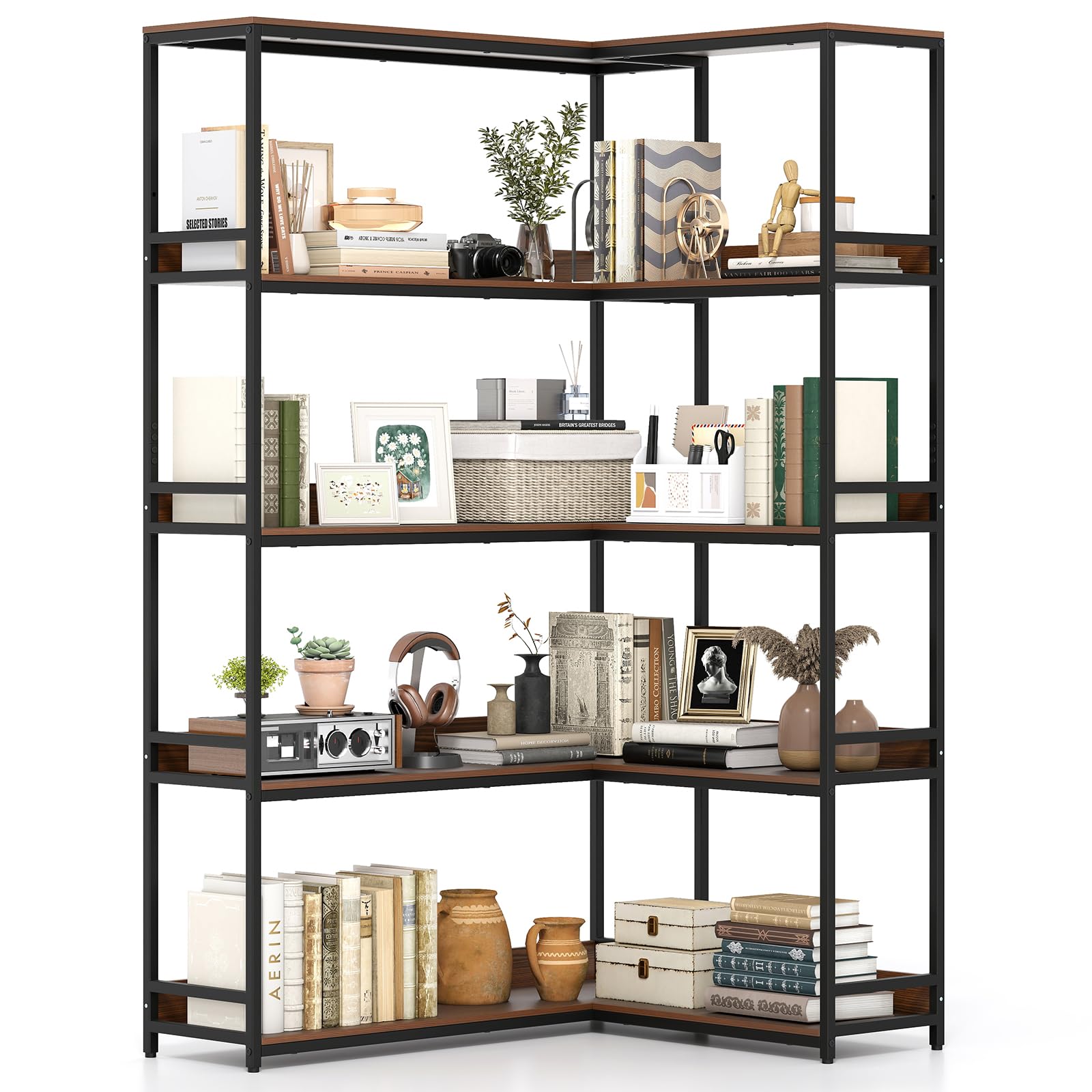Tangkula Large Corner Bookshelf 90 Degrees 5-Tier Industrial Wood Open Corner Bookcase
